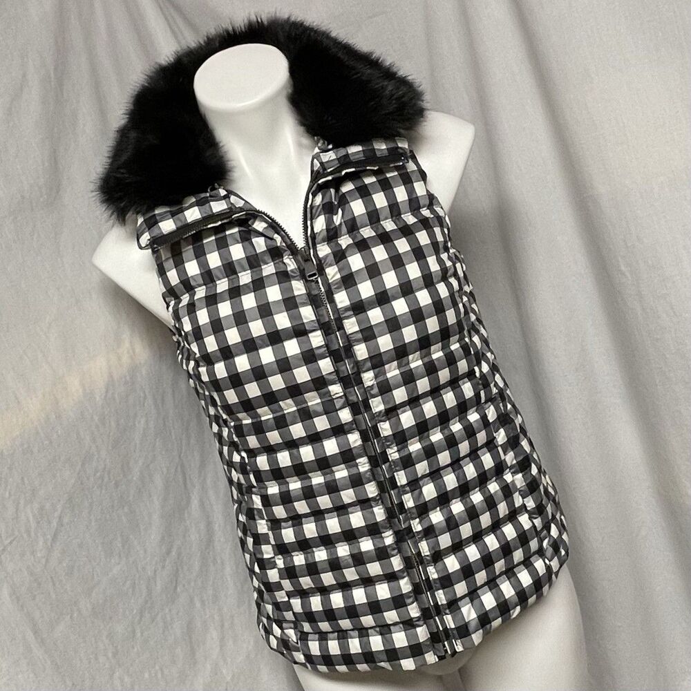 Talbots Puffer Vest Black White Gingham Buffalo Check Faux Fur Removable Collar